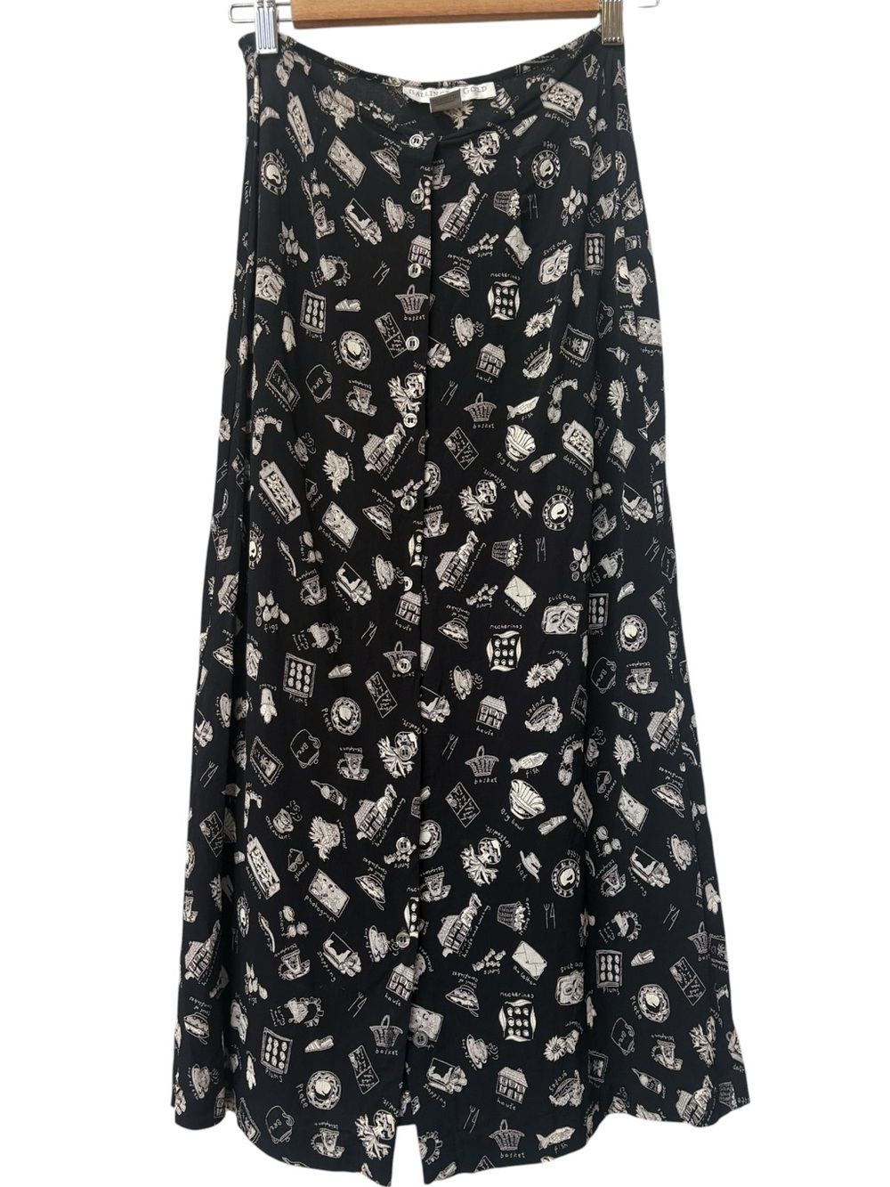 Vintage 90s Black Gray Printed A-Line Button Front Skirt size XS XXS Made in USA